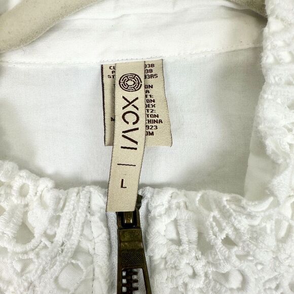 XCVI Crochet Full Zip Jacket Size Large White Cotton Boho 3/4 Sleeve Lightweight - Picture 6 of 7